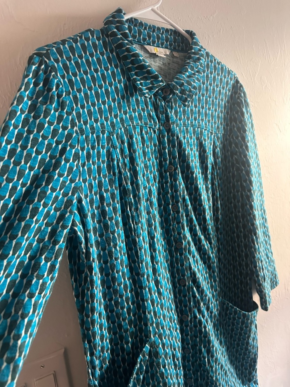 Boden Button Down Print Dress in Blue Teal Sz 10 - Picture 4 of 7